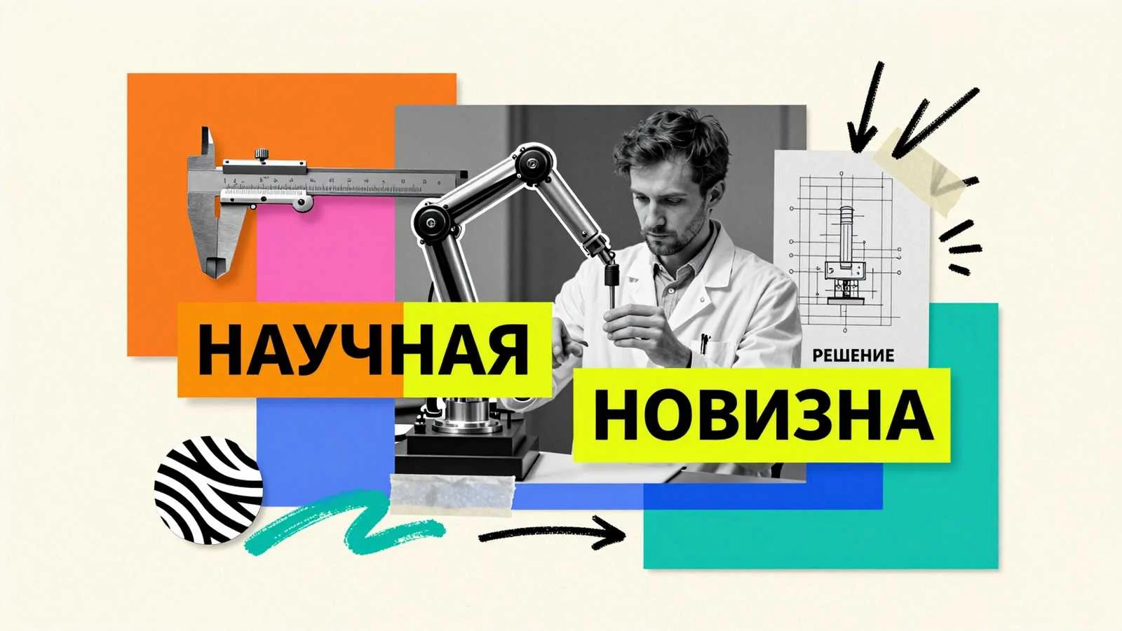 Научная новизна исследования: ученый регулирует сложный лабораторный механизм рядом с чертежами и измерительным штангенциркулем
